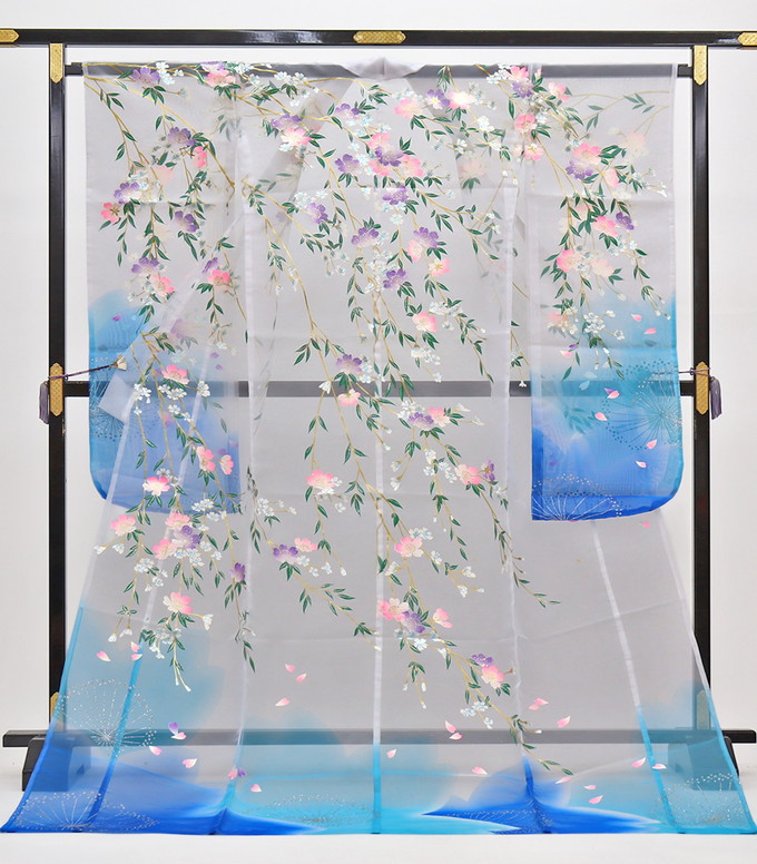 オーガンディー原料品の打掛【中古】白いこと地×青碧ぼかし【ポリエステル】花爛漫・枝垂れ桜【物質の状態位置づけるＢ】◆雅びやかで磨き上げるされた花嫁御寮を創るオーガンディー打掛