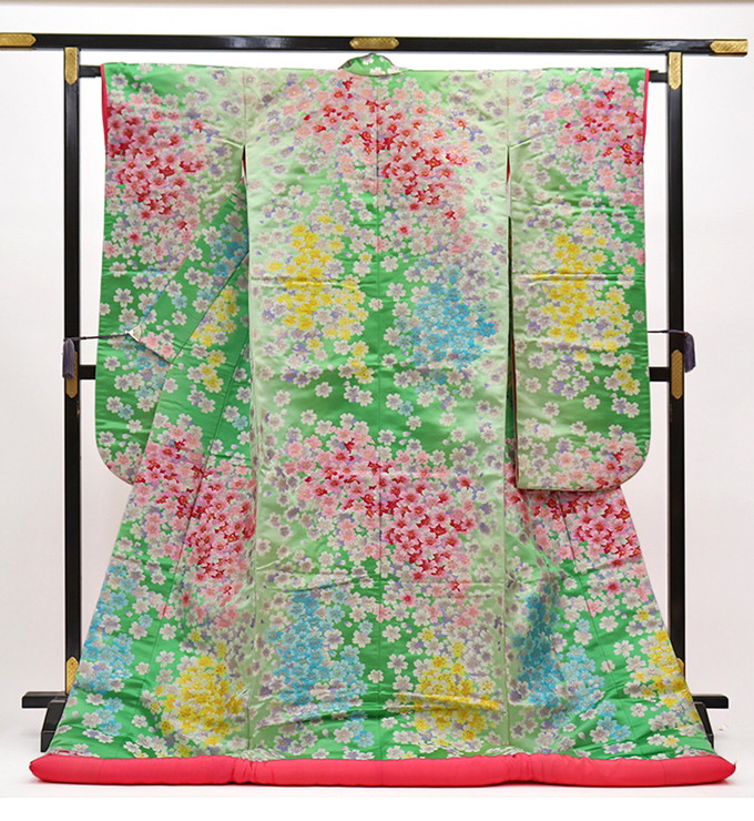 ◆色打掛 正絹【中古】黄緑×サクラ色×黄味がかった系ぼかし 花爛漫【物質の状態価値づけるB】◆