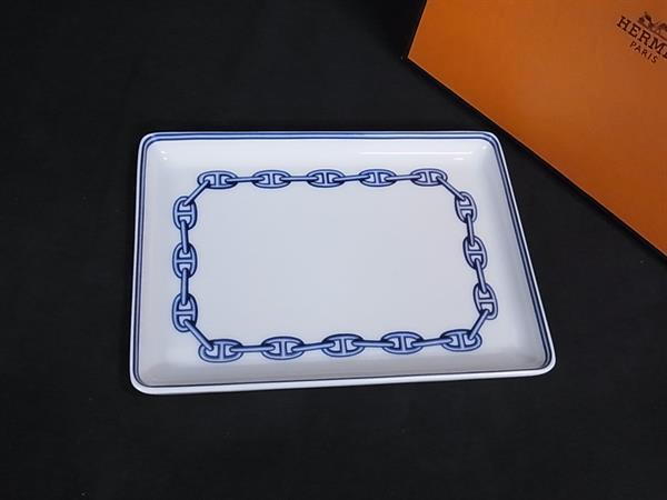 ■美品■ HERMES エルメス シェーヌダンクル スクエア プレート 皿 食器 テーブルウェア ホワイト系×ブルー系 BM8624