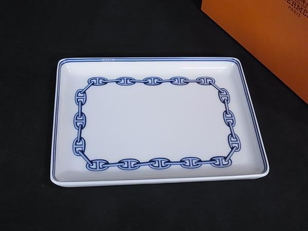■極美品■ HERMES エルメス シェーヌダンクル 真四角 一皿 皿 食器 速見表御召しもの 白いこと系×青碧系 BM8628