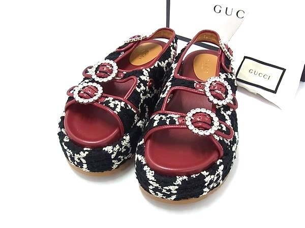 ■新品同様■ GUCCI グッチ 577049 GGツイード&times;レザー プラットフォーム サンダル サイズ 35 (約22cm) 靴 ブラック系 HB0624｜pleasure-Store　店