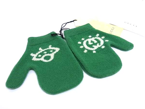 ■新品■未使用■ GUCCI グッチ 788514 ウール100％ ミトン 手袋 グローブ 防寒具 キッズ グリーン系&times;アイボリー系 BN9817｜pleasure-Store　店