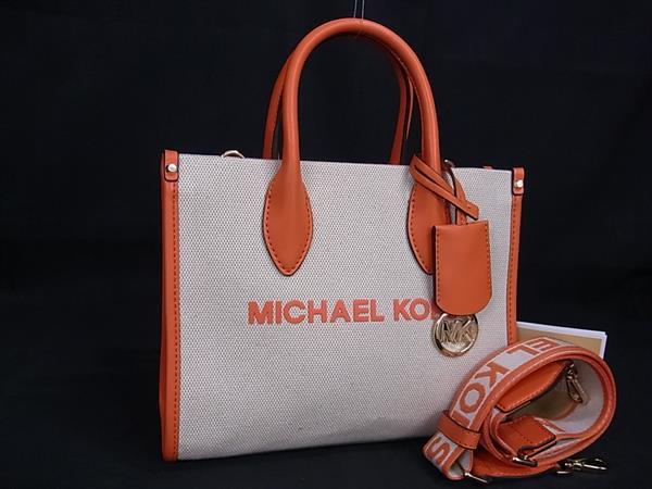 ■新品■未使用■ MICHAEL KORS マイケルコース キャンバス&times;レザー 2WAY ハンドバッグ ショルダー ベージュ系&times;オレンジ系 BJ9412｜pleasure-Store　店