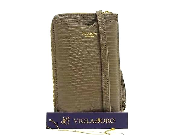 ■新品■未使用■ VIOLAd'ORO ヴィオラドーロ リザード型押しレザー ショルダーバッグ スマホポーチ レディース ブラウン系 FF4729｜pleasure-Store　店