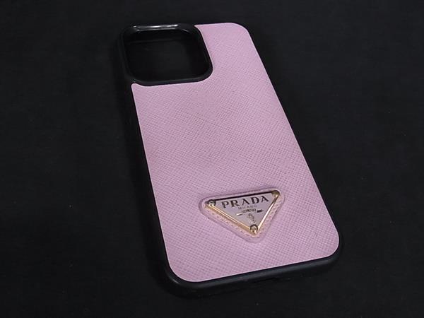 ■美品■ PRADA プラダ サフィアーノレザー iPhone13 Pro相応う アイフォンケース スマホケース サクラ色系×黒いこと系 FF1287