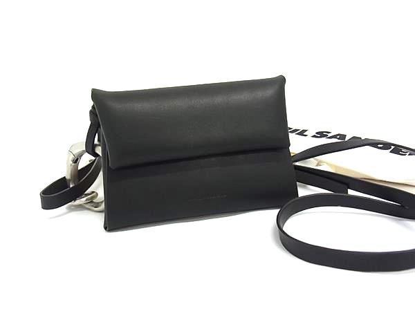■極美品■ JIL SANDER ジルサンダー レザー ショルダーストラップ付き コインケース コインパース 小銭入れ ブラック系 FB7891｜pleasure-Store　店