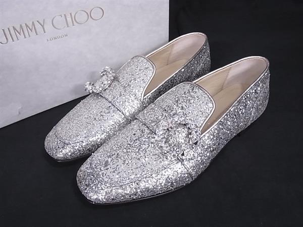 ■新品■未当て嵌める■ JIMMY CHOO ジミーチュウ mani flat グリッター 置き目毛皮 書きあらわす大きさ 35 (約22糎)靴 シューズ しろがね色系 FE5625