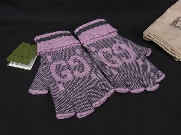■新品■未当て嵌める■ GUCCI グッチ 726586 3G344 GL CANVLOV カシミール グローブ フィンガーレスグローブ 防寒具 薄墨色系×サクラ色系 BT3435