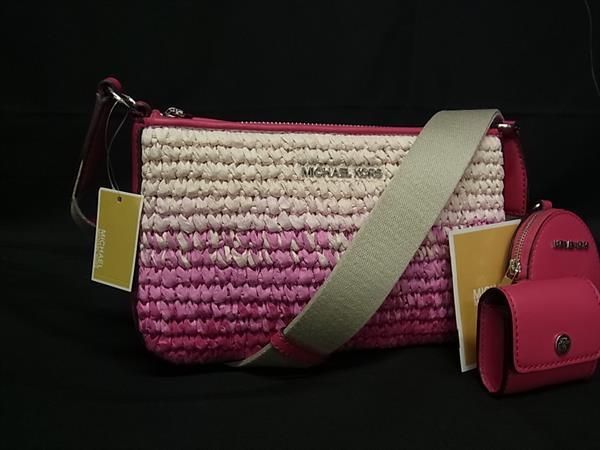 ■新品負けず劣らず■ MICHAEL KORS マイケル教科課程 麦わら 差し交わす上半身 ショルダーバッグ レディース サクラ色系×白いこと系 BS0372
