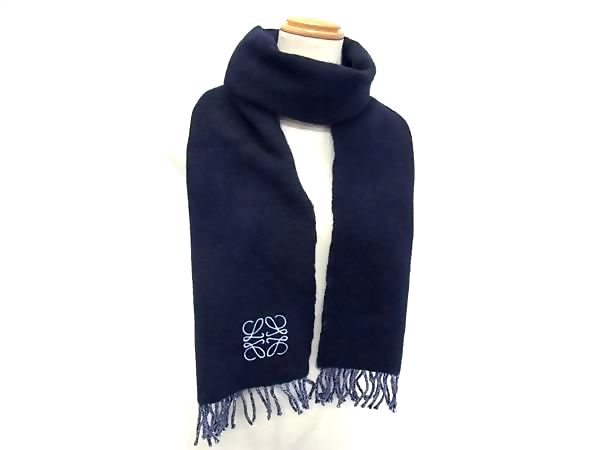 ■新品同様■ LOEWE ロエベ アナグラム ウール×カシミヤ フリンジ マフラー ストール ショール 防寒具 レディース ネイビー系 FL7580|pleasure-Store 店