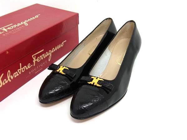 ■美品■ Salvatore Ferragamo フェラガモ ダブルガンチーニ レザー パンプス サイズ 6 1/2 (約23.5cm) 靴 ブラック系 FV4136|pleasure-Store 店