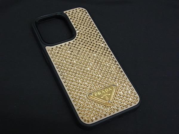 ■美品■ PRADA プラダ カラーストーン iPhone 13Pro対応 アイフォンケース スマホケース ゴールド系 BN3605