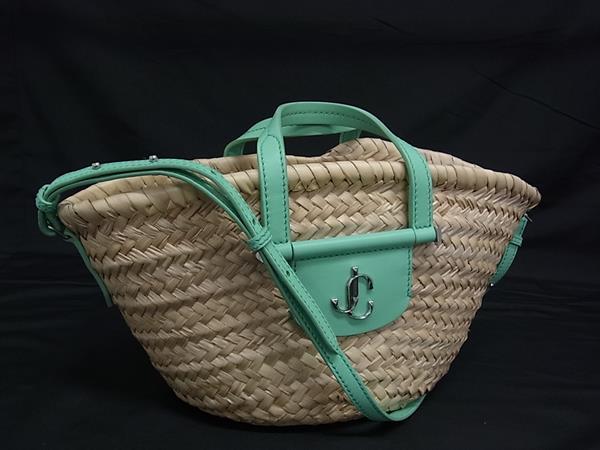 ■新品同様■ JIMMY CHOO ジミーチュウ ストロー&times;レザー 2WAY ハンドバッグ ショルダー 斜め掛け ライトブラウン系 FS2903｜pleasure-Store　店