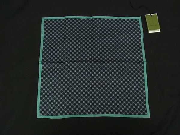 ■新品■未使用■ GUCCI グッチ インターロッキングG シルク100% ハンカチーフ ポケットチーフ ネイビー系&times;ブルー系 FR1697｜pleasure-Store　店