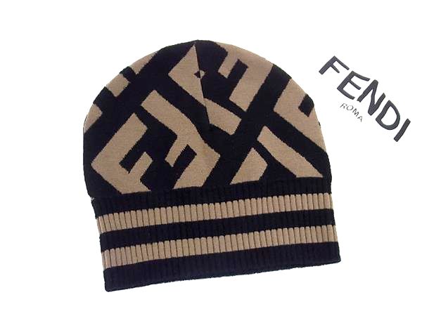 ■極美品■ FENDI フェンディ ズッカ柄 羊毛×人絹等  ビーニー 編み物帽 鳥打ち帽 レディース 赤銅色系×黒いこと系 FT7058