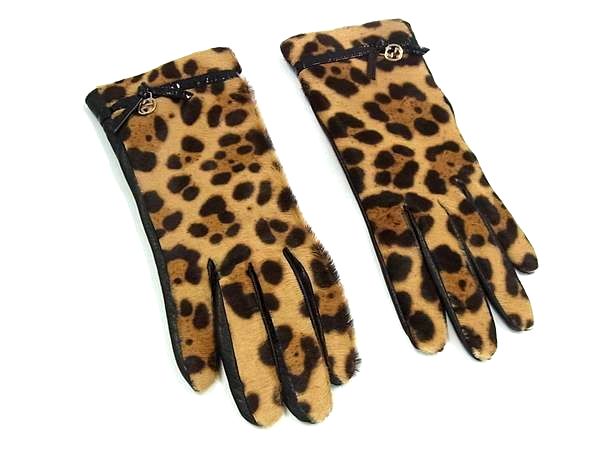 ■美品■ GUCCI グッチ インターロッキングG ハラコ&times;レザー 手袋 グローブ 防寒具 サイズ 7 ブラウン系&times;ブラック系 FT7302｜pleasure-Store　店