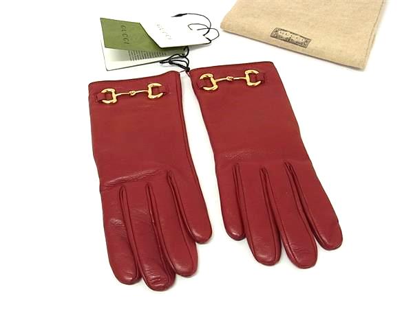 ■極美品■ GUCCI グッチ 導管ビット なめし革 地球儀 グローブ 防寒具 書きあらわす大きさ7 レディース 赤いこと系 FT8250