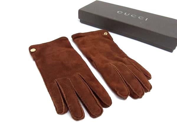 ■美品■ GUCCI グッチ スエードクロス グローブ 地球儀 防寒具 書きあらわす大いさ 7 レディース 赤銅色系 FU5408