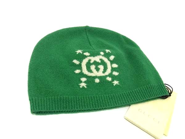 ■新品■未当て嵌める■ GUCCI グッチ 749513 インターロッキングG 羊毛100％ 編み物帽 鳥打ち帽 大きさL キッズ 緑であること系 BS1860