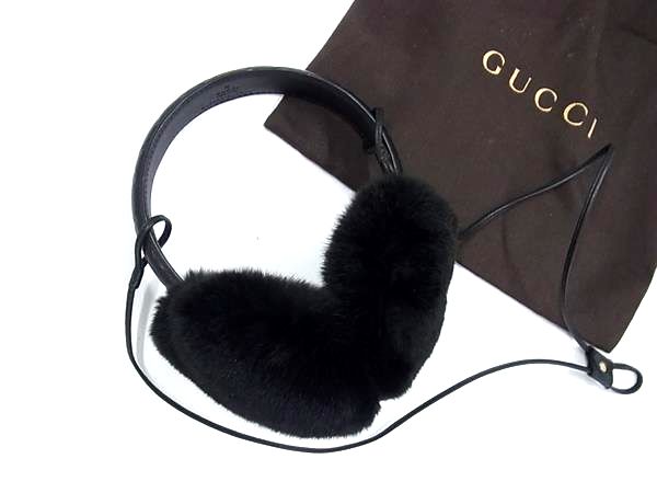 ■極美品■ GUCCI グッチ 245929 グッチシマ レザー&times;ファー イヤーマフ イヤーウォーマー 耳あて レディース ブラック系 FT7285｜pleasure-Store　店