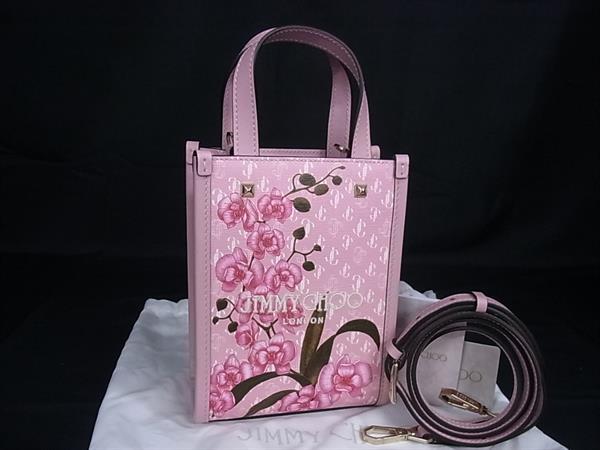 ■新品負けず劣らず■ JIMMY CHOO ジミーチュウ MINI N/S TOTE PVC 2WAY はりつけ台上半身 ハンドバック 肩先 曲がった掛け サクラ色系 FT8712