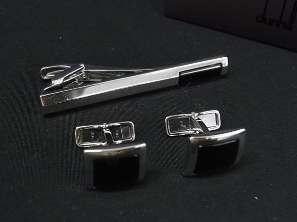 ■美品■ dunhill ダン吸血鬼 SV925 オニキス カフスリンク タイピン 添え物 2点書き割り しろがね色系×黒いこと系 FY1405