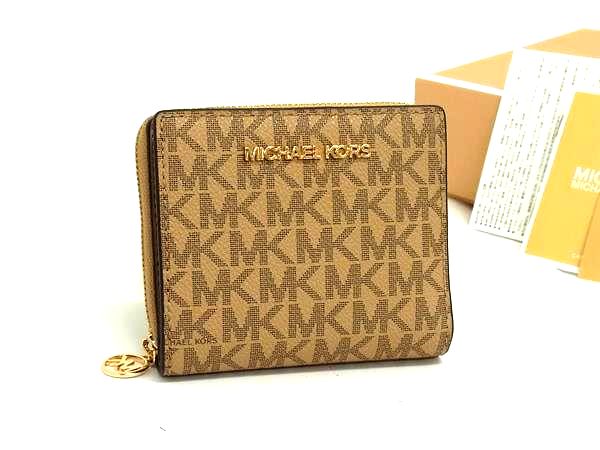■新品■未使用■ MICHAEL KORS マイケルコース MK柄 PVC×レザー 二つ折り 財布 ウォレット 札入れ 小銭入れ ブラウン系 FN4912|pleasure-Store 店
