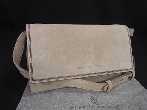 ■極美品■ BRUNELLO CUCINELLI ブルネロ クチネリ スエード&times;レザー ショルダーバッグ ショルダーウォレット ライトグレー系 FI6811｜pleasure-Store　店