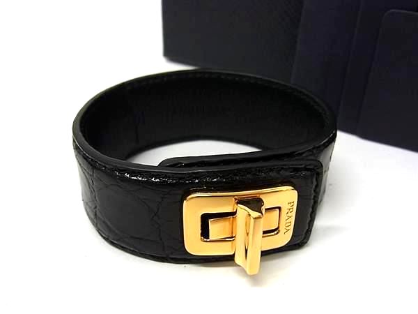 ■新品同様■ PRADA プラダ 1IB043 レザー ターンロック ブレスレット アクセサリー 表記サイズ M レディース ブラック系 BS4758|pleasure-Store 店