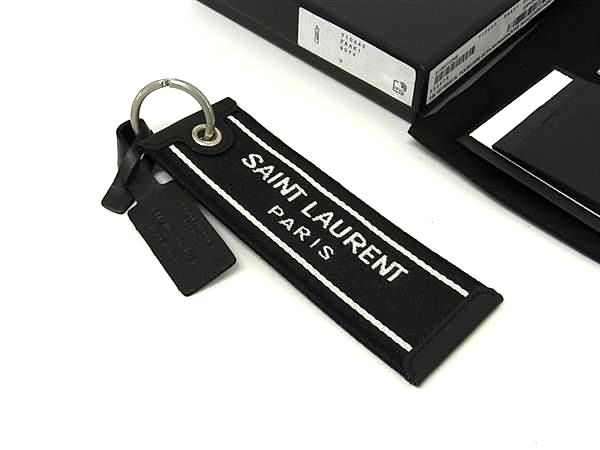■新品同様■ SAINT LAURENT サンローラン ナイロンキャンバス キーホルダー キーリング ブラック系×ホワイト系 BS4782|pleasure-Store 店
