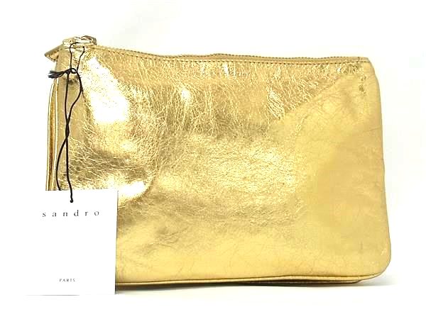 ■新品■未使用■ sandro サンドロ レザー クラッチバッグ セカンドバッグ レディース ゴールド系 FS3725|pleasure-Store 店