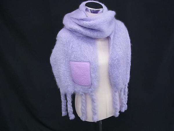 ■新品■未使用■ LOEWE ロエベ アナグラム モヘヤ×ウール フリンジ マフラー ストール 防寒具 レディース パープル系 FV6255|pleasure-Store 店