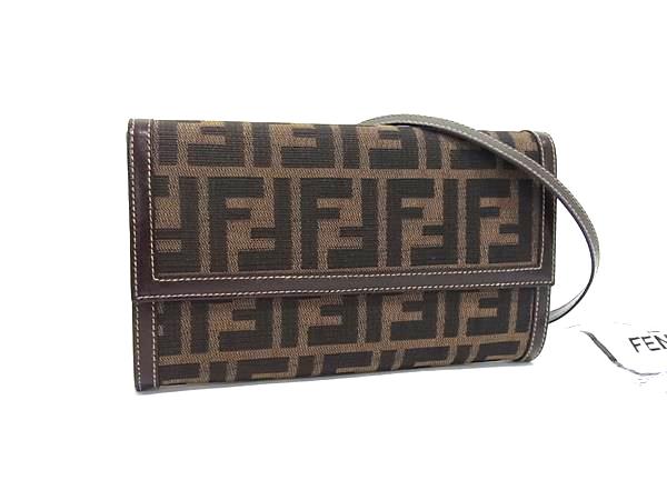 ■極美品■ FENDI フェンディ ズッカ柄 帆布×なめし革 長札入れ ウォレットバッグ 肩先 曲がった掛け 赤銅色系 FY1051 レディース財布-バッグ・小物・ブランド雑貨-財布・ケース