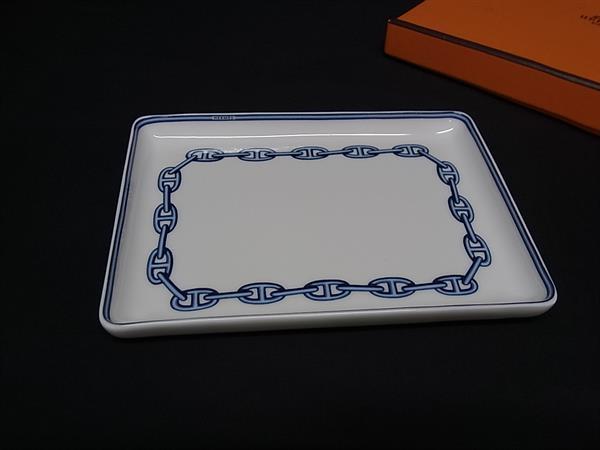 ■極美品■ HERMES エルメス シェーヌダンクル スクエア プレート 皿 食器 テーブルウェア ホワイト系×ブルー系 BN4888