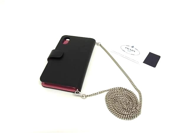 ■新品負けず劣らず■ PRADA プラダ 1ZH078 なめし革 チェーン店 肩部付き添い人  iPhoneX/XS 相応う 万覚え帳型 スマホケース 黒いこと系 FN6619