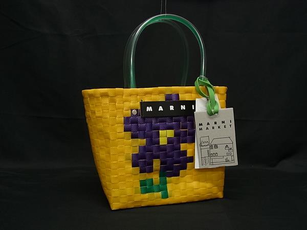■極美品■ MARNI マルニ MARNI MARKET フラワーバスケット サニー ポリプロピレン×レザー トートバッグ マルチカラー FU3344