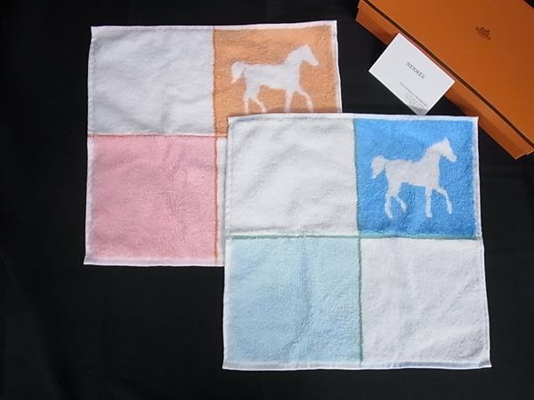 ■新品■未当て嵌める■ HERMES エルメス カヴァルカラー 綿織物 御手々西洋手ぬぐい 人間の顔西洋手ぬぐい 2点仕掛ける 青み系×オレンジ色系 FV7884