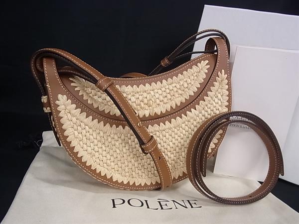 ■新品同様■ POLENE ポレーヌ ヌメロ ディス ラフィア×レザー クロスボディ ショルダーバッグ ポシェット ブラウン系 FZ3719|pleasure-Store 店