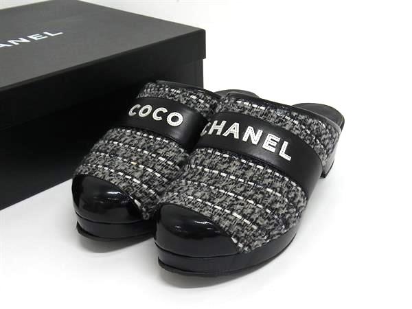 CHANEL シャネル ロゴタイプ ツィード×なめし革 踵 サンダル 靴 シューズ レディース 黒いこと系 FV4092