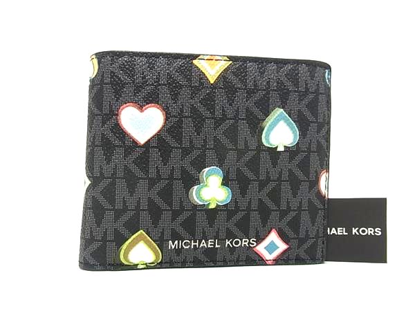 ■新品■未使用■ MICHAEL KORS マイケルコース MK柄 PVC 二つ折り 財布 ウォレット レディース ブラック系 BM9707|pleasure-Store 店