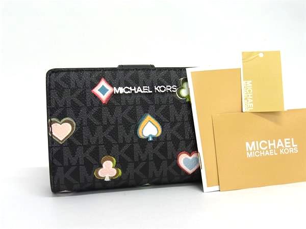 ■新品■未使用■ MICHAEL KORS マイケルコース MK柄 PVC 二つ折り 財布 ウォレット 小銭入れ レディース ブラック系 BM9712|pleasure-Store 店