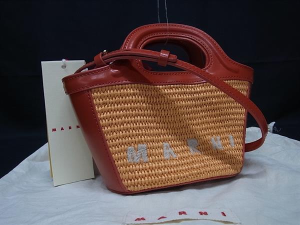 ■極美品■ MARNI マルニ トロピカリア ストロー×レザー 2WAY クロスボディ ハンドバッグ ショルダーバッグ オレンジ系 BP6487|pleasure-Store 店