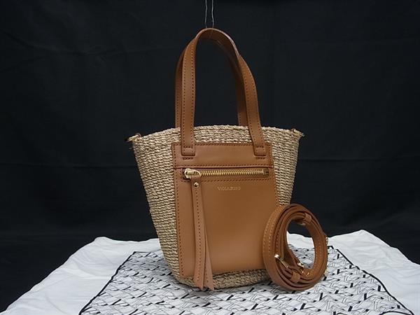 ■新品同様■ VIOLAd'ORO ヴィオラドーロ ストロー&times;レザー 2WAY ハンドバッグ ショルダーバッグ レディースブラウン系 FN8628｜pleasure-Store　店