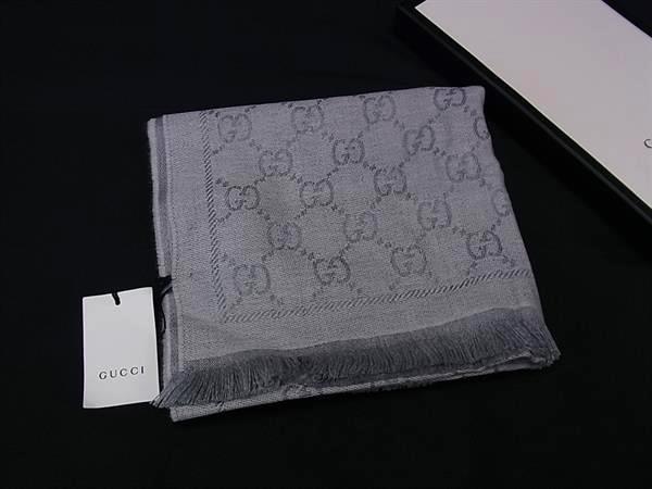 ■新品同様■ GUCCI グッチ 133483 36200 GG柄 ウール100% フリンジ マフラー ストール ショール 防寒具 グレー系 FP7313|pleasure-Store 店