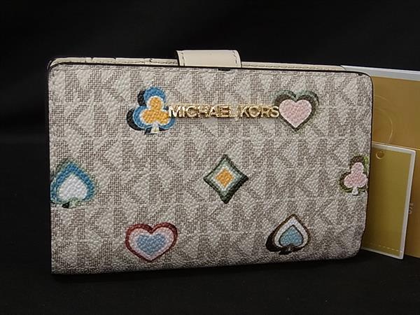■新品■未使用■ MICHAEL KORS マイケルコース MK柄 PVC トランプ柄 二つ折り 財布 ウォレット 小銭入れ 札入れ アイボリー系 GC2254|pleasure-Store 店