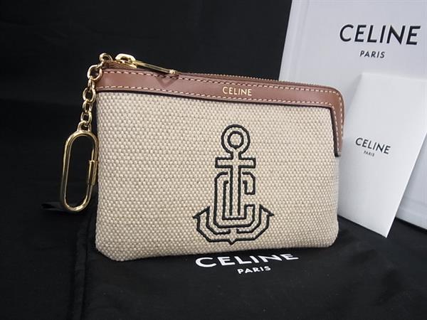 ■新品■未当てはめる■ CELINE セリーヌ 帆布×なめし革 コインケース 硬貨蝦蟇口 御釣り入れ ベージュ系×赤銅色系 BS5558