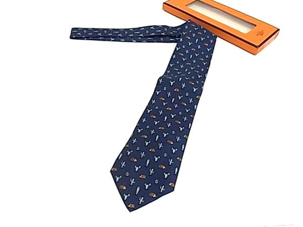 ■新品同様■ HERMES エルメス シルク100% 総柄 ネクタイ ビジネス 紳士 メンズ ネイビー系 BS5592｜pleasure-Store　店