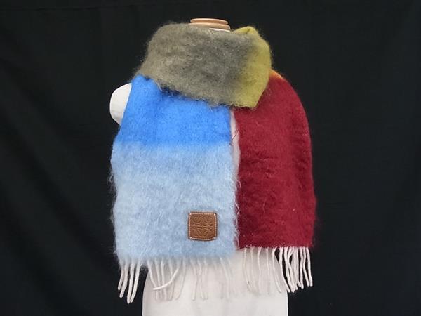 ■極美品■ LOEWE ロエベ アナ瓦 モヘア×羊毛×ナイロン フリンジ えり巻き 袈裟 肩かけ 防寒具 マルチ色つや FT9422