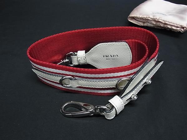 ■美品■ PRADA プラダ 帆布×サフィアーノレザー 同盟罷工一回り うしろ側用 ストラップ 象牙色系×赤いこと系 HA6362