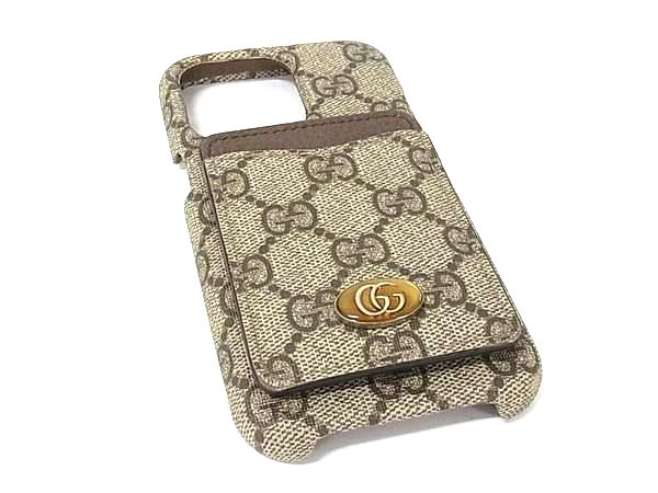 ■美品■ GUCCI グッチ GGマーモント GG柄 PVC×なめし革 iPhone 13 pro 相応う アイフォン スマホケース 赤銅色系 BV0092